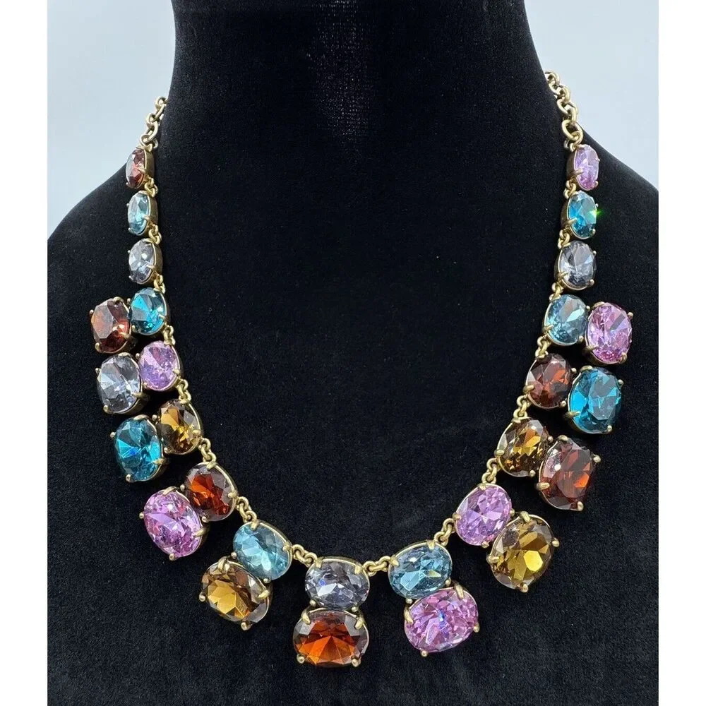 J.Crew Gold Tone Blue Purple Red Oval Rhinestone Statement Necklace New With Tag - Picture 9 of 9